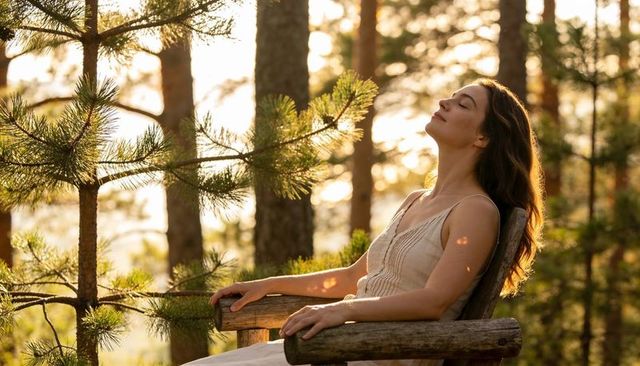 Woman basking in golden light on rustic chair among pine trees, serene outdoor moment