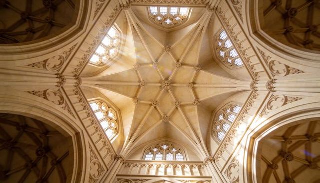 Sunlit gothic cathedral star vault ceiling with ornate ribbed arches and bosses