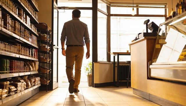 Backlit shopper walking toward sunlit store entrance with shelves and deli counter