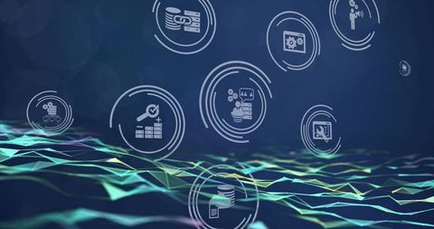 Futuristic data visualization with floating tech icons over neon low-poly network mesh