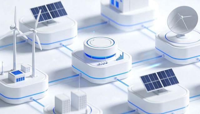 Modular smart energy network featuring central control hub, solar panels, wind turbines