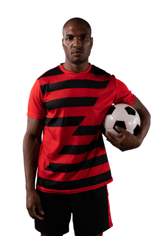 Serious African American Soccer Player Holding Ball on Transparent Background
