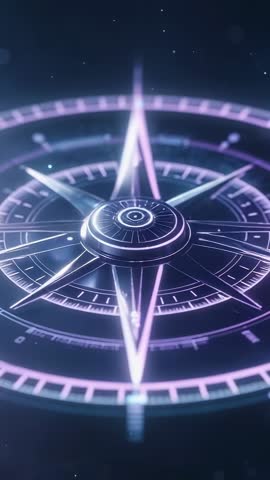 Rotating Futuristic Compass Rose Emitting Violet Pulses in Cosmic Void | Vertical Loop