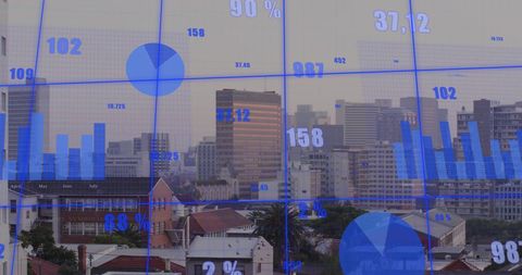 Digital financial data overlay on urban cityscape