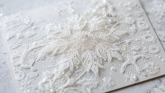 Embroidered Lace Snowflake Card Featuring Pearl Beads, Sequins, Glitter Texture for Wedding