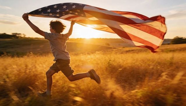 Running child holding american flag at sunset in golden meadow, patriotic summer freedom