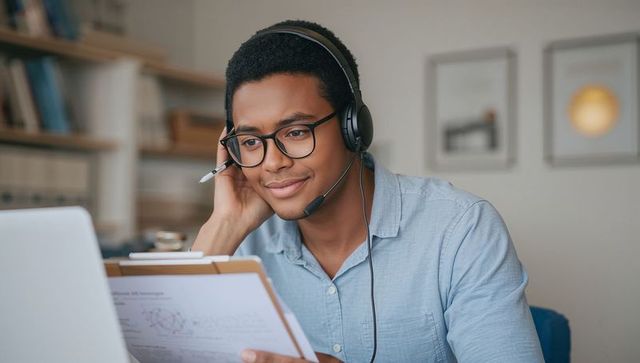 Man wearing headset and glasses reviewing clipboard during remote work in home office