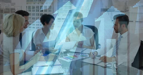 Business Team Analyzing Data with Growth Arrows Overlay