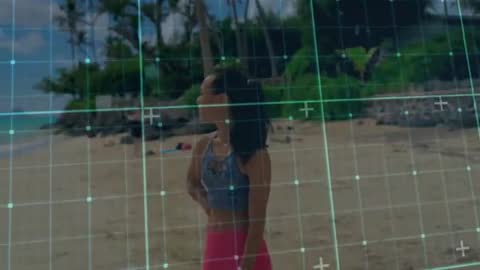 Athlete on Beach Garnished with Futuristic Grid Overlay Technology