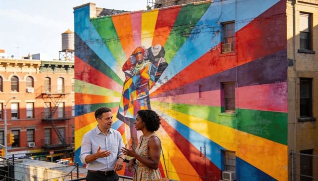 Man and woman having animated rooftop conversation against vibrant rainbow mural