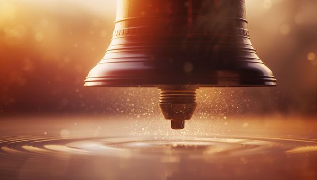 Hovering bronze bell creating ripples on still water