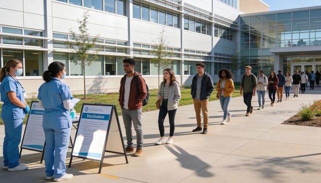 College students lining up for outdoor campus vaccination clinic while nurses checking forms