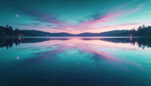 Pastel twilight lake reflecting forest silhouette and sky glow with mirror symmetry