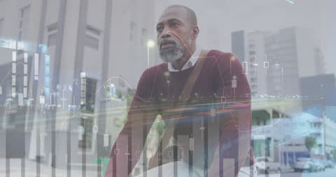 Businessman Riding Bike with Financial Data Overlay in Urban Setting