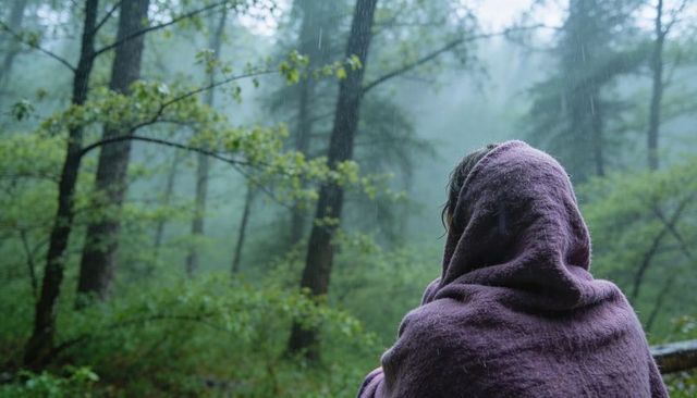 Hooded woman wrapped in purple blanket standing in rainy misty forest, quiet solitude