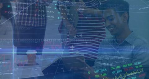 Diverse Team Collaborating with Tablet Amid Financial Data