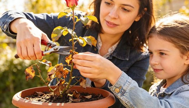 Mother guiding daughter trimming rosebud with pruning shears in sunlit garden