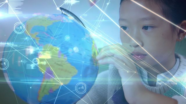 Young Asian girl examining globe overlaid with digital network graphics, symbolizing interconnected world and modern technology. Ideal for visuals emphasizing global connectivity, education, future technology trends, international communications, and the curiosity-driven process of learning in a connected world.