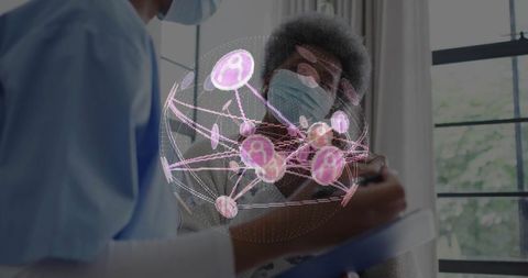 Nurse administering vaccine with hologram network art overlay