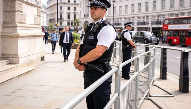 Uniformed police officer standing at cordon on london street with barriers and red bus