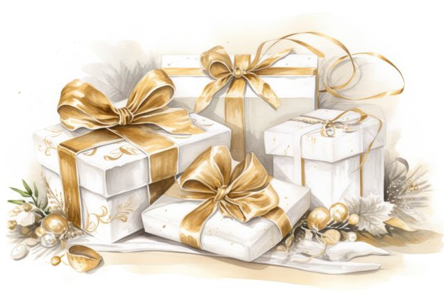 Illustration showing various Christmas gifts carefully wrapped with golden ribbons and bows on creamy white paper. Ideal for use in holiday greeting cards, seasonal advertisements, social media posts, or decoration ideas for a festive look.