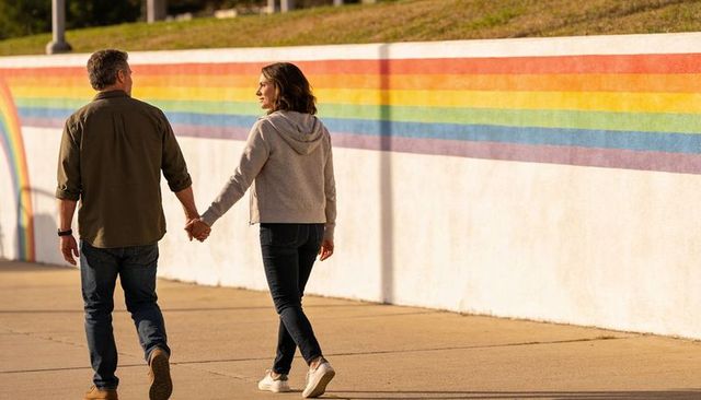 Couple holding hands walking along rainbow mural walkway at golden hour urban promenade