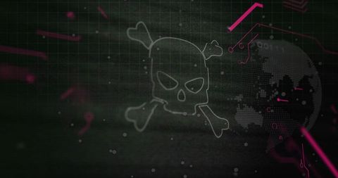 Displaying neon skull and crossbones on cyber grid with circuit globe