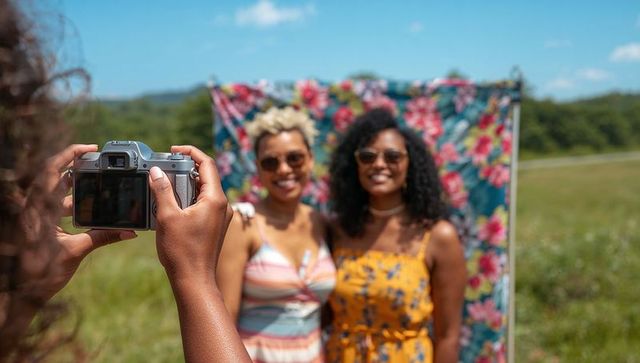Pair of Women Enjoying Photography in Vibrant Summer Field