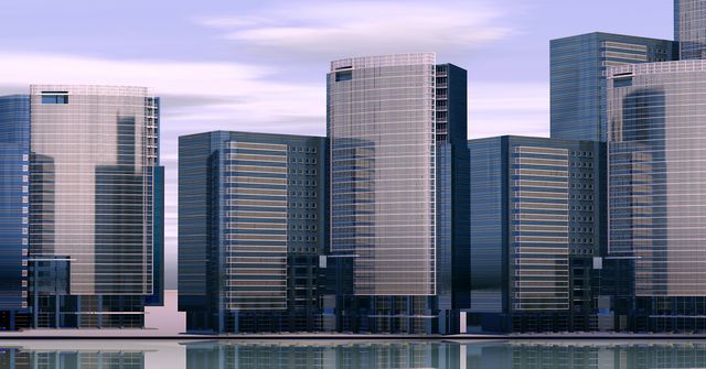 Modern skyscrapers with sleek glass facades reflected in calm water. Ideal for business, financial, and architectural contexts. Perfect for illustrating modern urban environments and corporate materials.