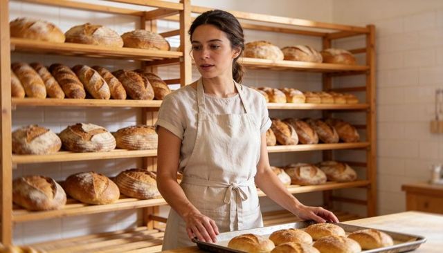 Female Baker Inspecting Fresh Artisan Bread on Wooden Shelves in Rustic Bakery