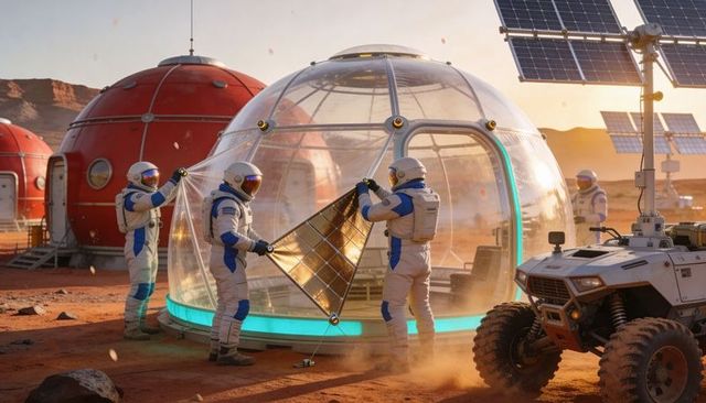 Mars Colony Engineers Installing Solar Triangle on Geodesic Dome Habitat at Sunset