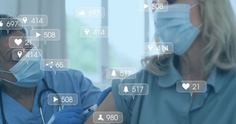 Nurse Administering Vaccination to Patient with Social Media Icons Overlay