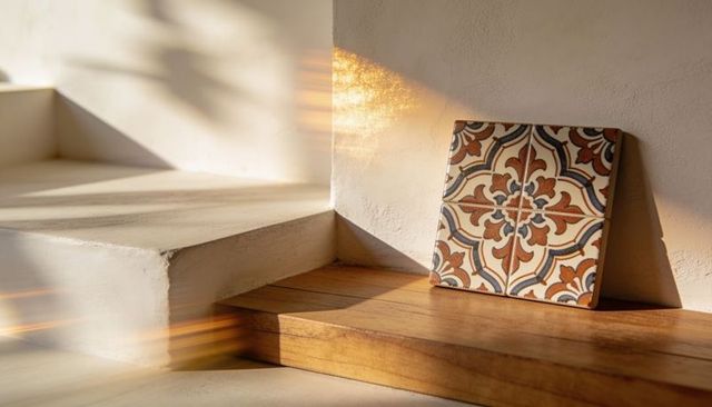 Leaning glazed ceramic tile catching golden sunlight on wooden step and plaster wall