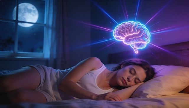 Sleeping woman dreaming with glowing holographic brain under moonlight bedroom scene