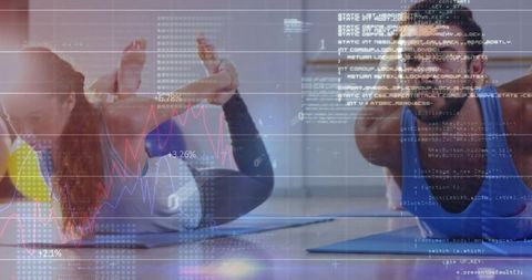 Couple practicing yoga bow pose with fitness data overlay and ar visualization