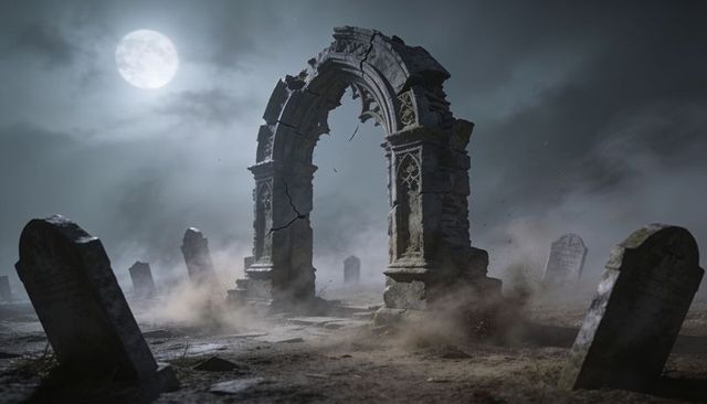 Moonlit gothic arch rising from misty graveyard with crumbling tombstones