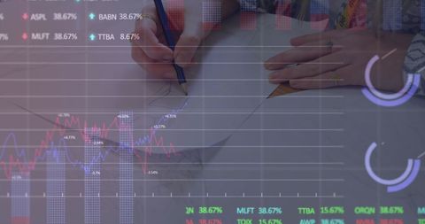 Businesswoman Sketching Amid Stock Market Data Overlay - Download Free Stock Images Pikwizard.com