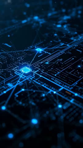 Vertical video: Glowing microchip pulsing data across futuristic neon blue circuit network