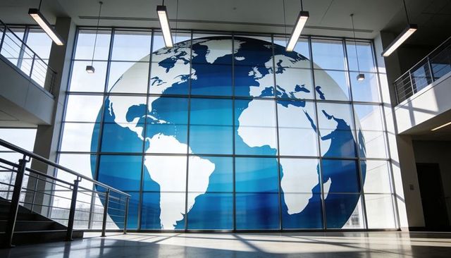 Displaying giant globe mural across glass atrium wall in modern corporate lobby entrance