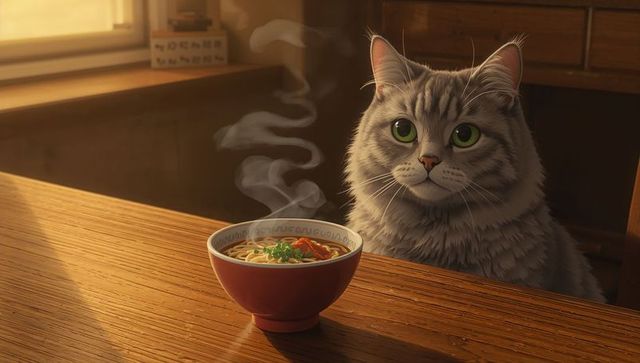Curious Cat Observing Steaming Ramen in Sunlit Kitchen