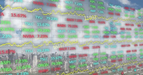 Stock Market Data Display Over Urban Cityscape Background