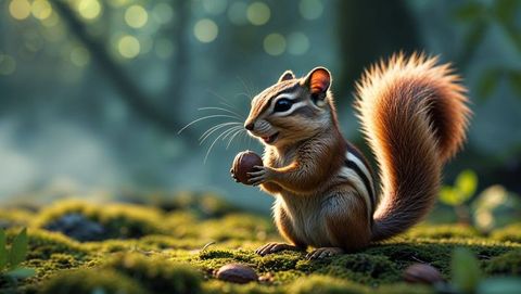 Chipmunk Holding Nut on Mossy Forest Floor in Lively Woodland