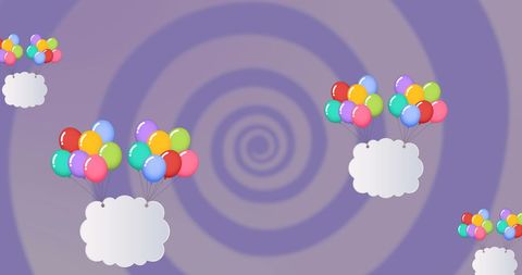 Colorful Balloons Floating with Clouds on Blue Spiral Background