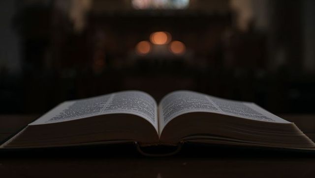 Open bible lying on lectern with glowing candlelight and stained glass bokeh