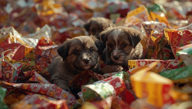Three adorable puppies in festive gift wrap adventure