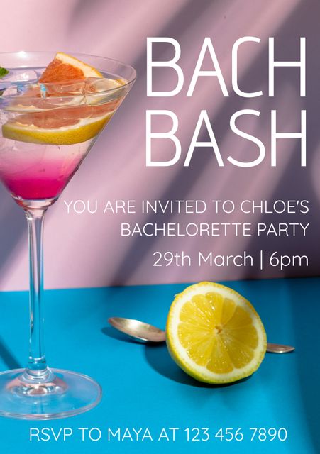 Image depicts an elegantly prepared cocktail and a halved lemon on a sunny background. Use this image for creating eye-catching bachelorette party invites, event posters, or digital invitations. It conveys a festive and lively atmosphere perfect for pre-wedding celebrations.