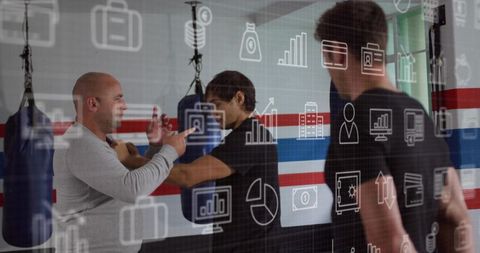Coach guiding hands in boxing drill with fitness analytics overlay and training focus