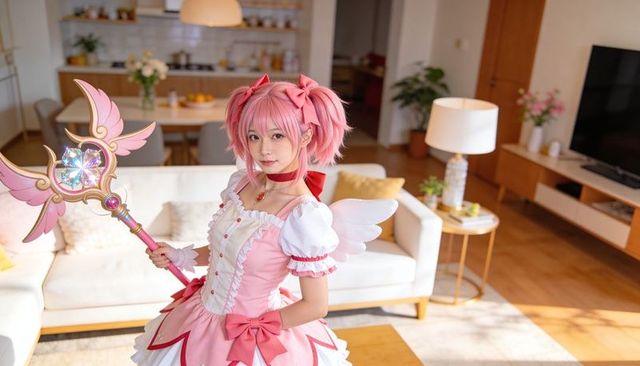 Pink magical girl cosplayer posing with ornate winged staff in cozy living room