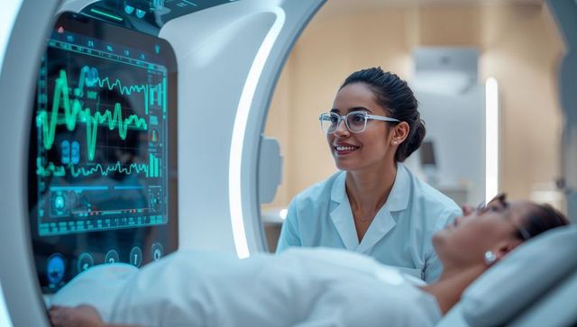 Smiling radiology technologist monitoring patient while MRI scanner displays vital signs and data