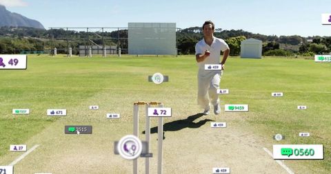 Fast bowler sprinting on cricket pitch with augmented reality social media overlays